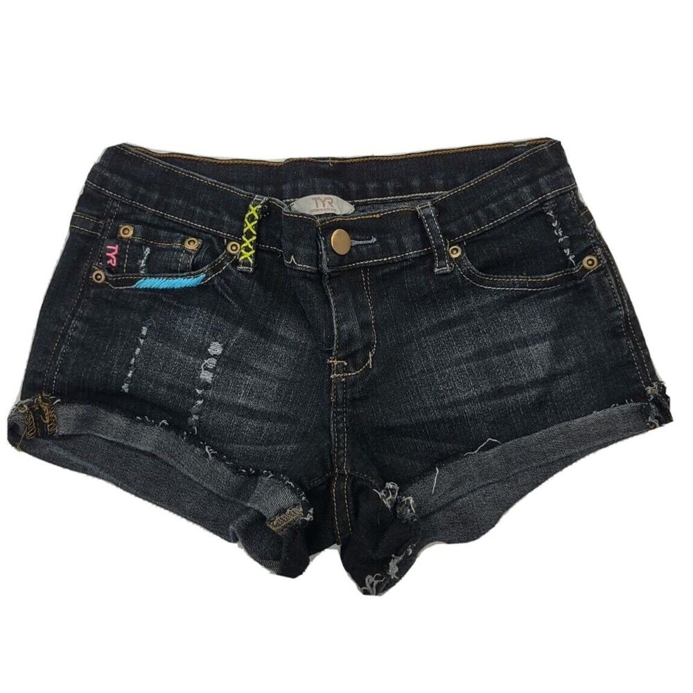 TYR Denim Shorts Juniors Size Small Distressed Accent Stitching Dark Wash